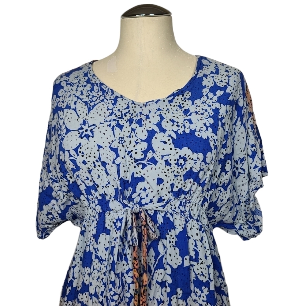 Cabi Ombre Floral Blue White Orange Cinched Waist Tie Blouse S #891 - Picture 2 of 10